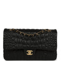 Chanel Medium Classic Croc Embossed Double Flap Bag Black Lambskin Gold Hardware