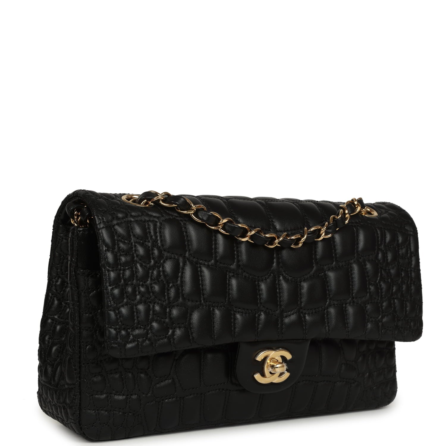 Chanel Medium Classic Croc Embossed Double Flap Bag Black Lambskin Gold Hardware