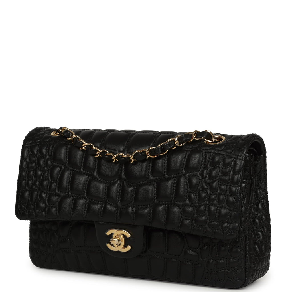 Chanel Medium Classic Croc Embossed Double Flap Bag Black Lambskin Gold Hardware