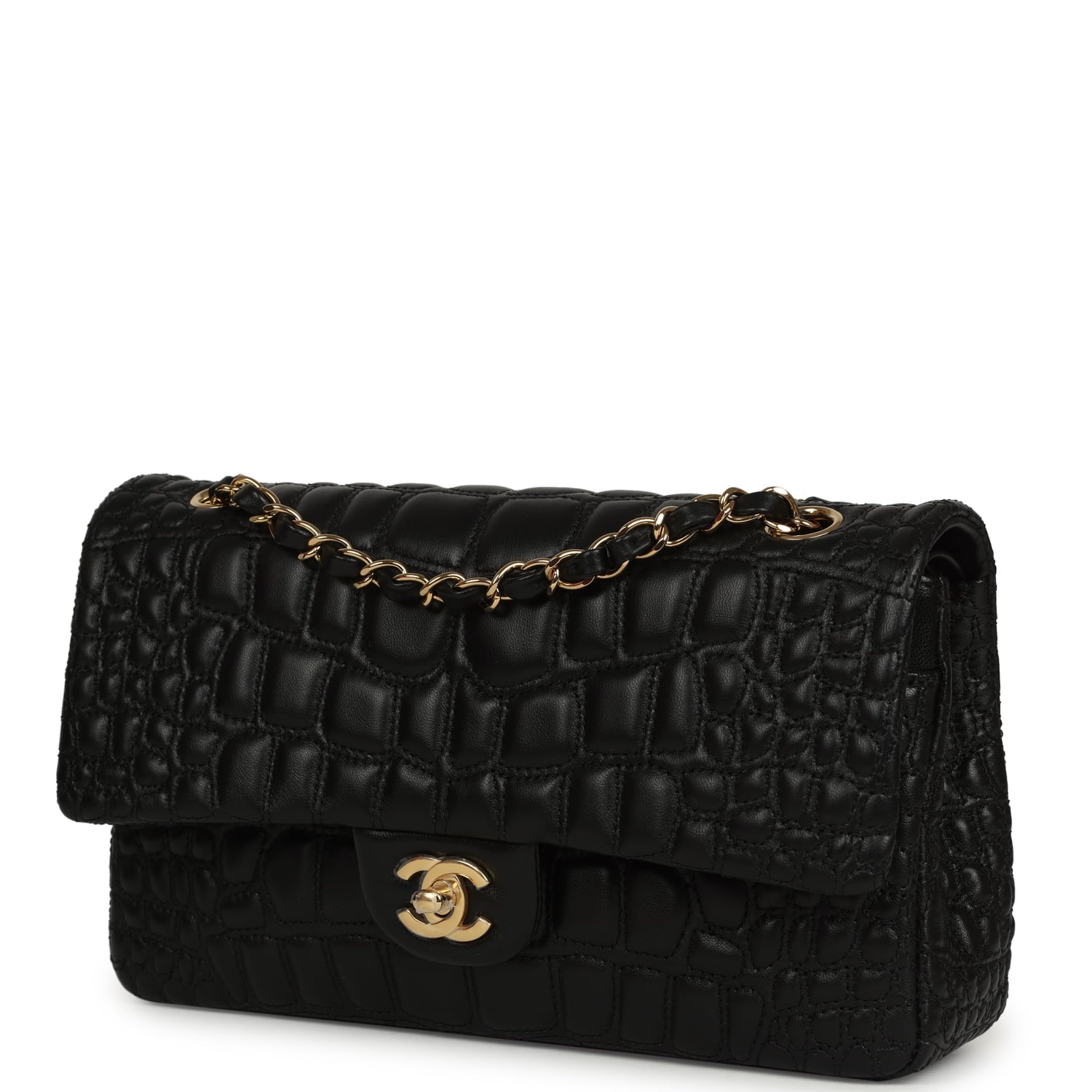 Chanel Medium Classic Croc Embossed Double Flap Bag Black Lambskin Gold Hardware