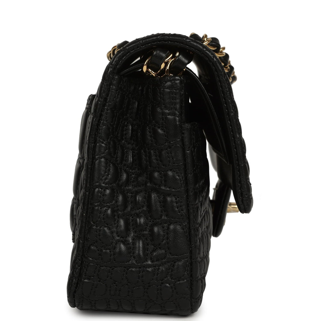 Chanel Medium Classic Croc Embossed Double Flap Bag Black Lambskin Gold Hardware