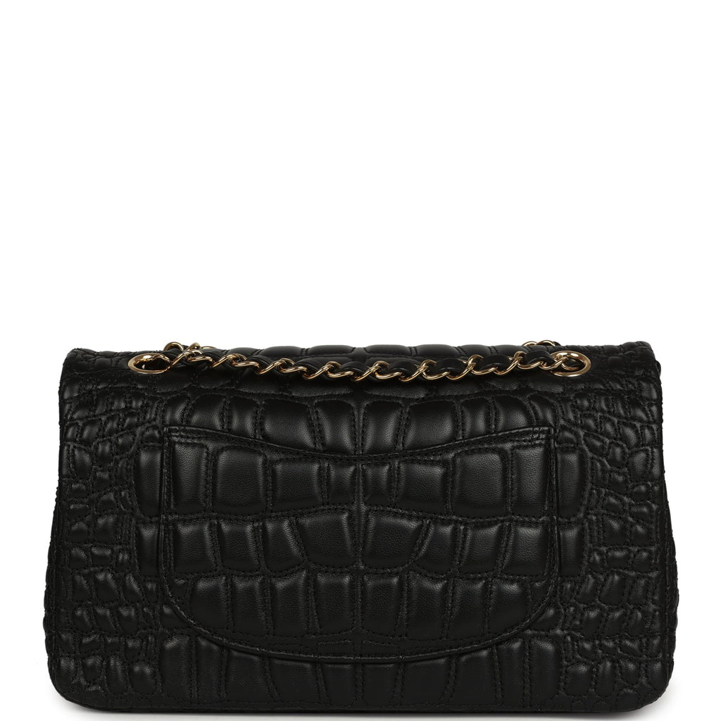 Chanel Medium Classic Croc Embossed Double Flap Bag Black Lambskin Gold Hardware