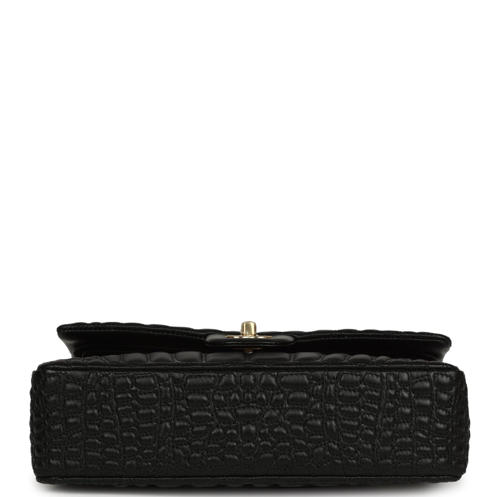 Chanel Medium Classic Croc Embossed Double Flap Bag Black Lambskin Gold Hardware