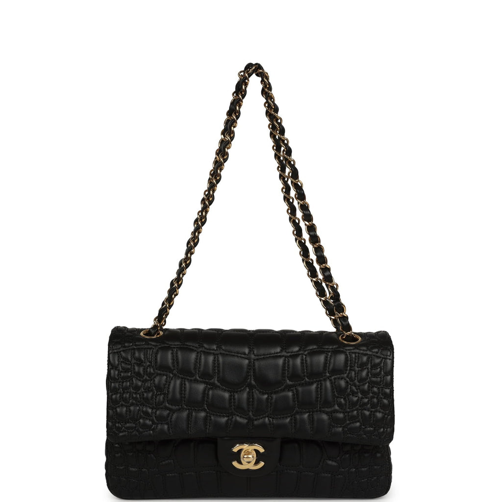 Chanel Medium Classic Croc Embossed Double Flap Bag Black Lambskin Gold Hardware