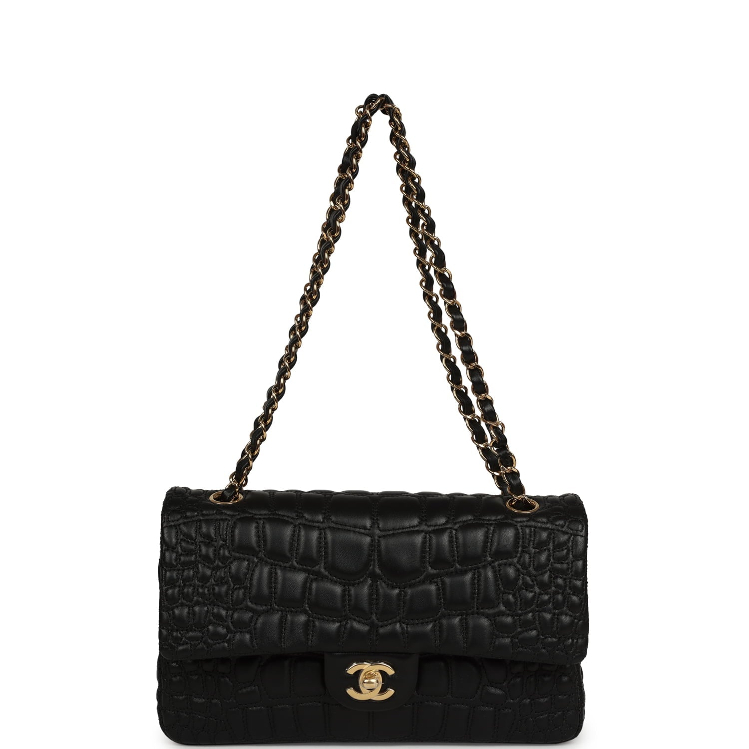 Chanel Medium Classic Croc Embossed Double Flap Bag Black Lambskin Gold Hardware