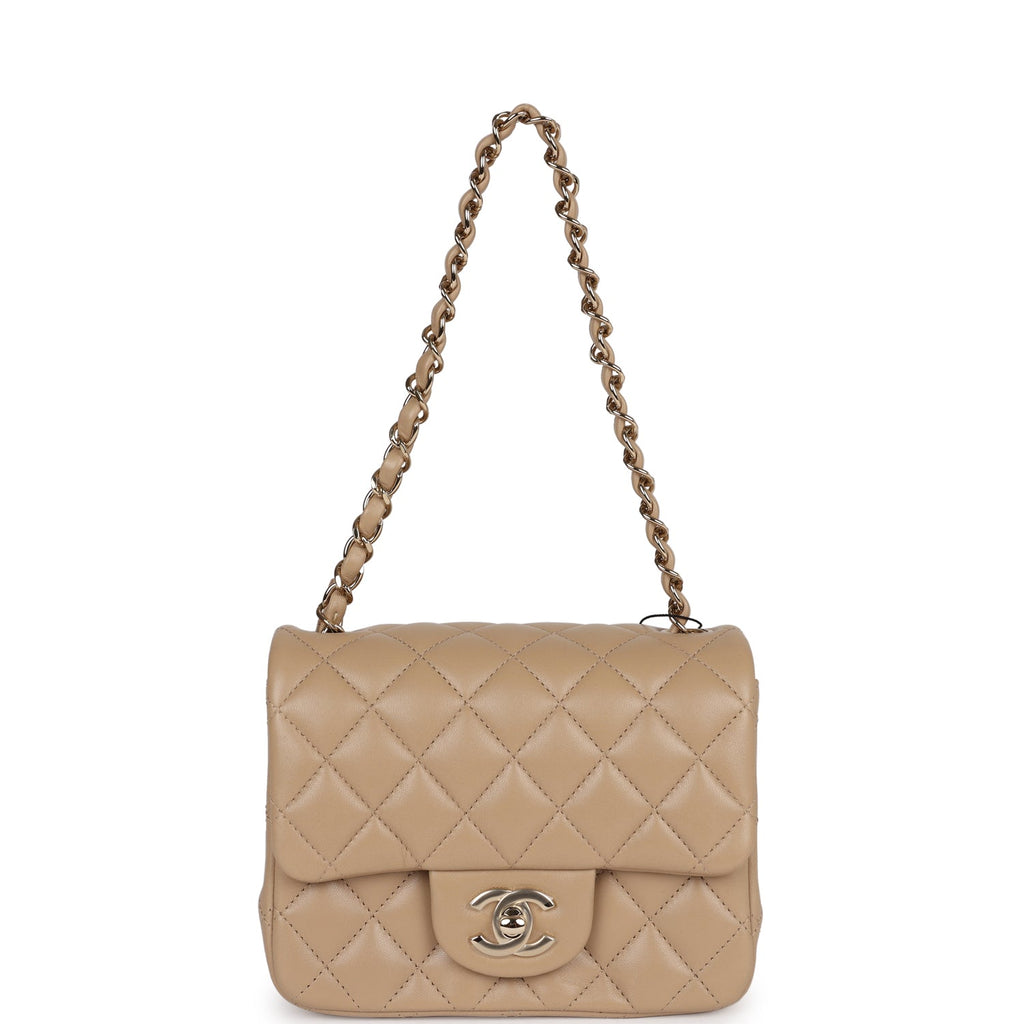 Chanel Mini Square Flap Bag Beige Lambskin Light Gold Hardware