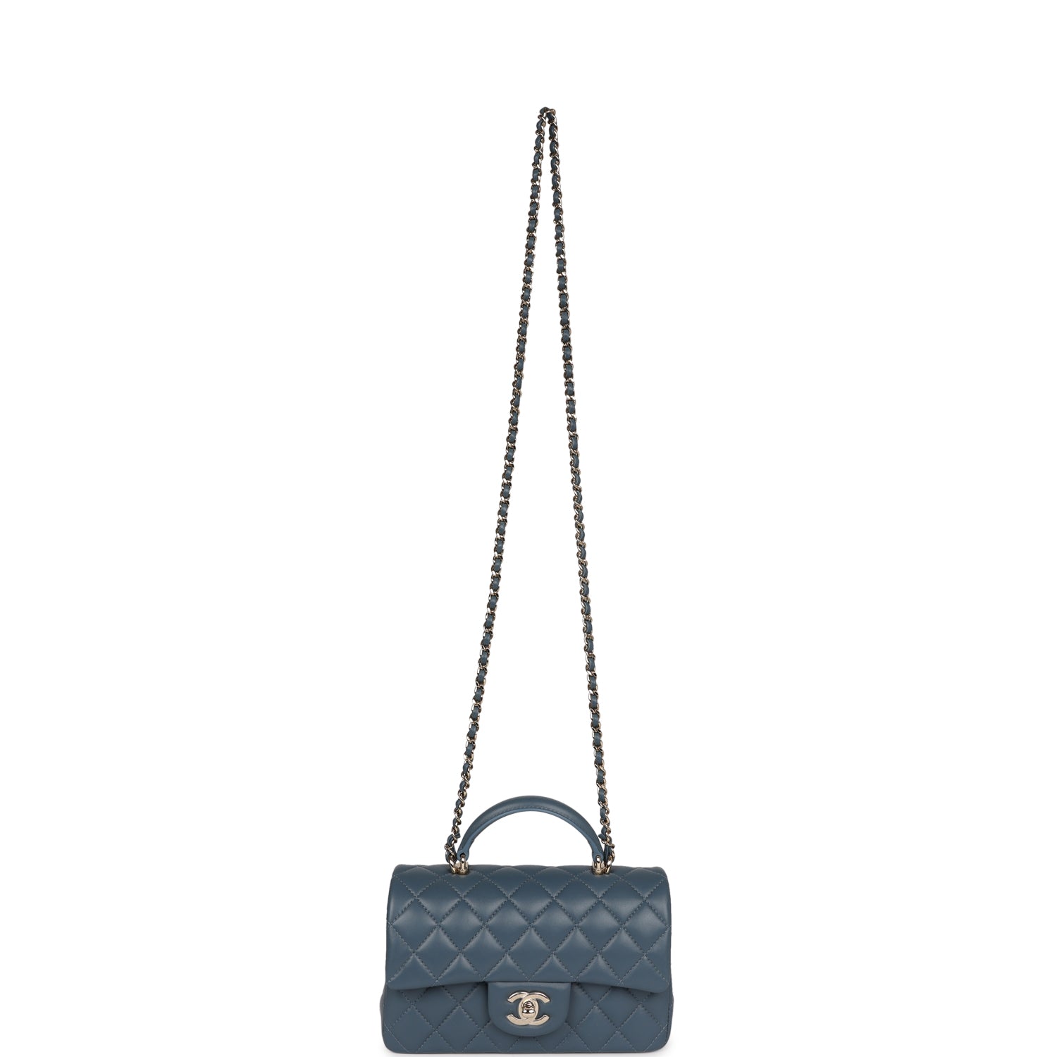Chanel Mini Rectangular Flap with Top Handle Blue Lambskin Light Gold Hardware