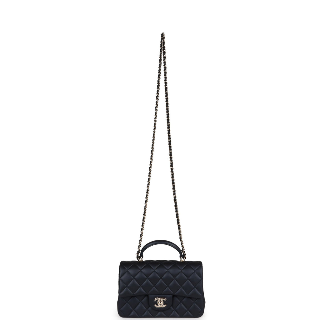Chanel Mini Rectangular Flap Bag with Top Handle Dark Blue Lambskin Light Gold Hardware