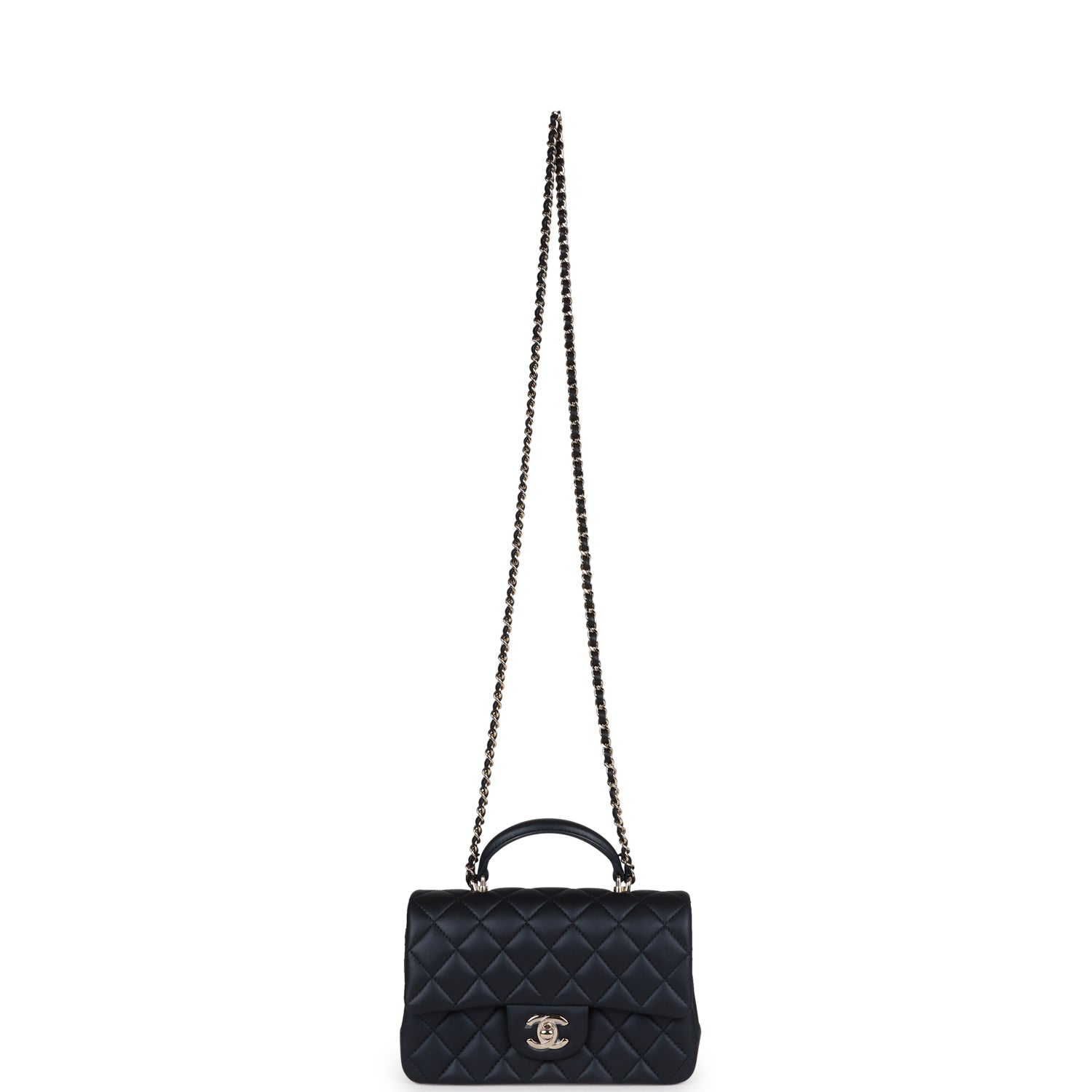 Chanel Mini Rectangular Flap Bag with Top Handle Dark Blue Lambskin Light Gold Hardware