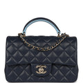 Chanel Mini Rectangular Flap Bag with Top Handle Dark Blue Lambskin Light Gold Hardware