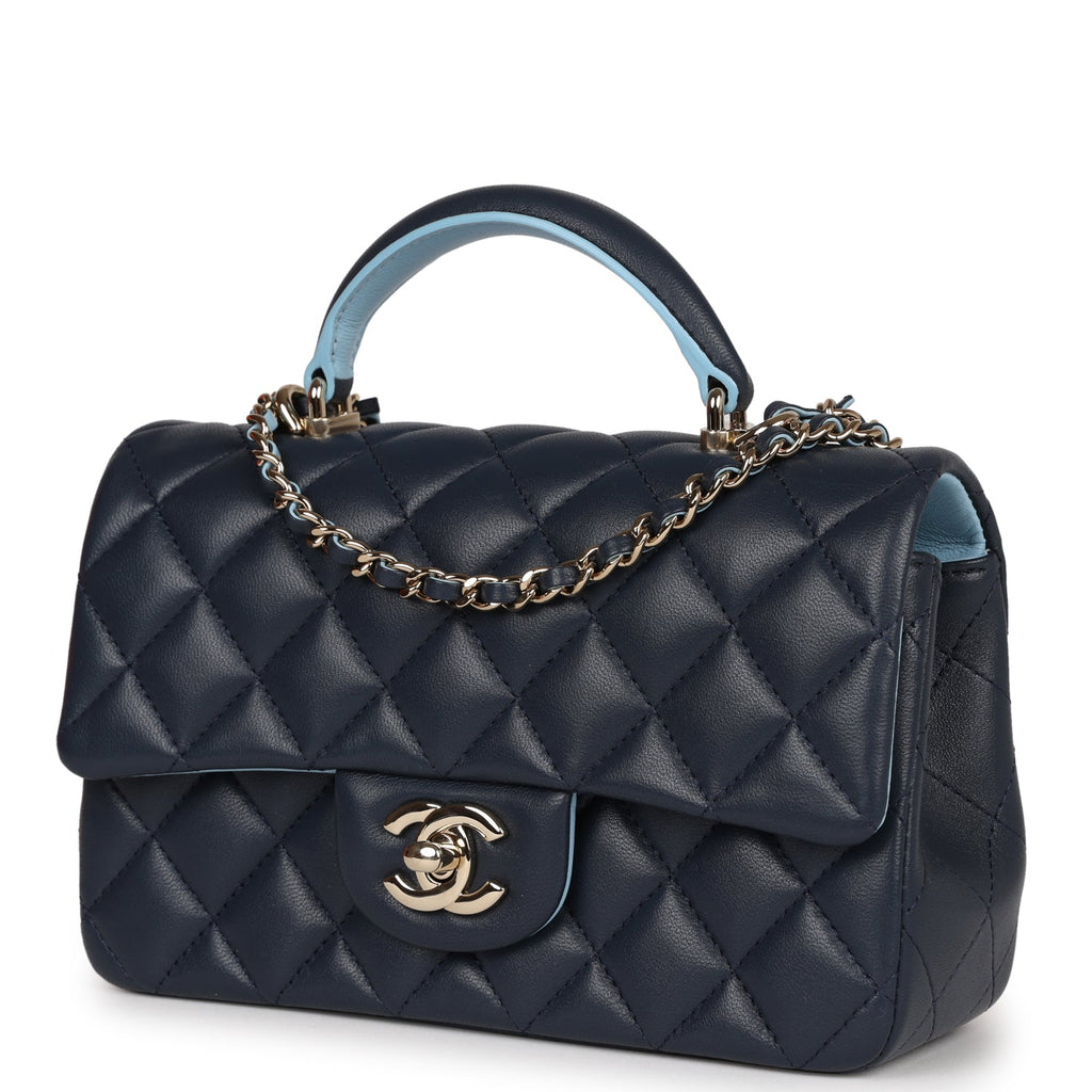 Chanel Mini Rectangular Flap Bag with Top Handle Dark Blue Lambskin Light Gold Hardware