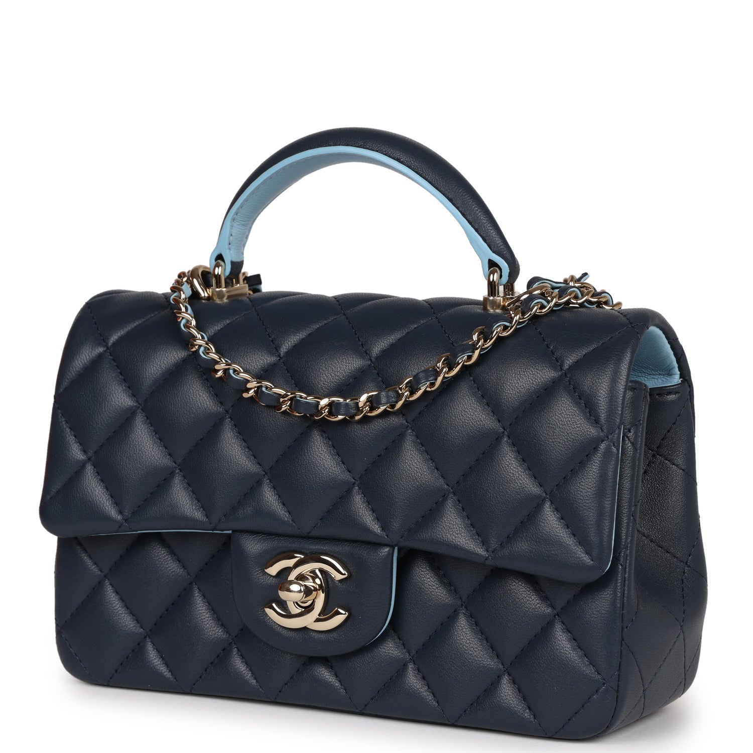 Chanel Mini Rectangular Flap Bag with Top Handle Dark Blue Lambskin Light Gold Hardware