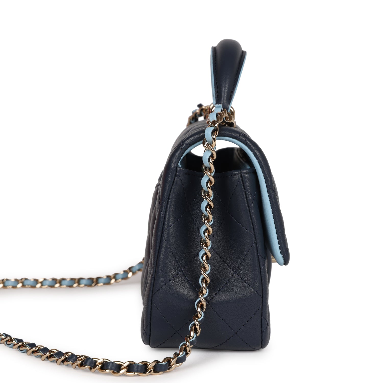 Chanel Mini Rectangular Flap Bag with Top Handle Dark Blue Lambskin Light Gold Hardware