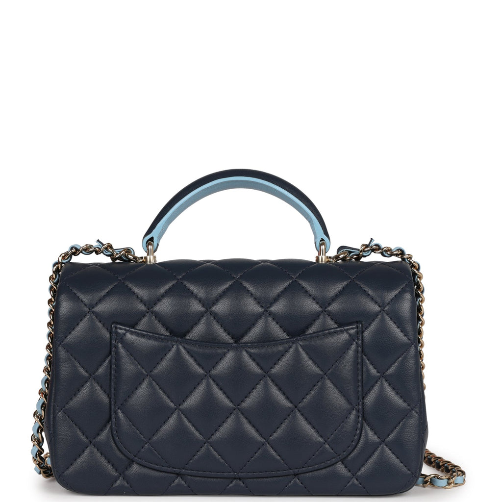 Chanel Mini Rectangular Flap Bag with Top Handle Dark Blue Lambskin Light Gold Hardware