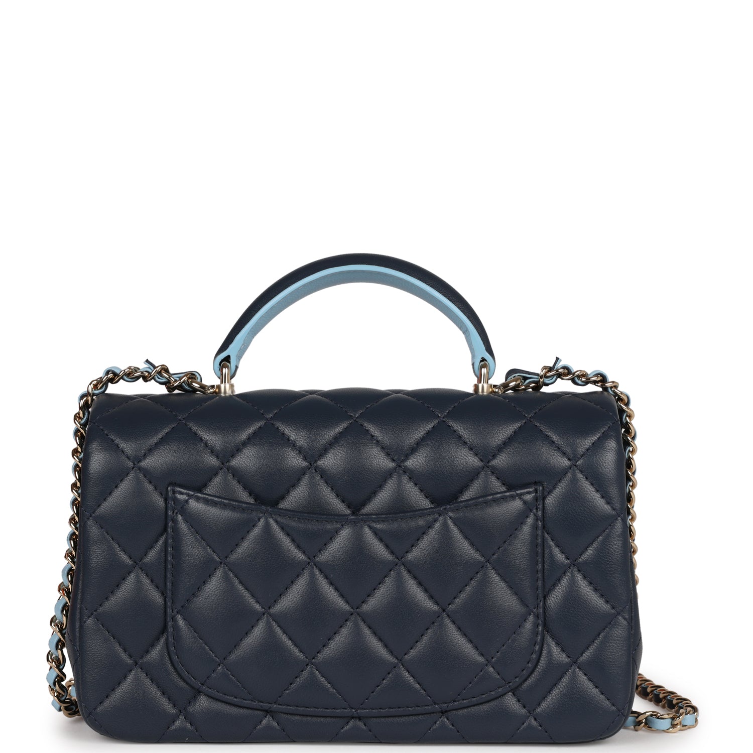 Chanel Mini Rectangular Flap Bag with Top Handle Dark Blue Lambskin Light Gold Hardware