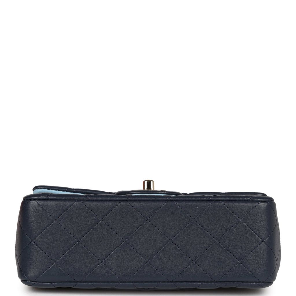 Chanel Mini Rectangular Flap Bag with Top Handle Dark Blue Lambskin Light Gold Hardware