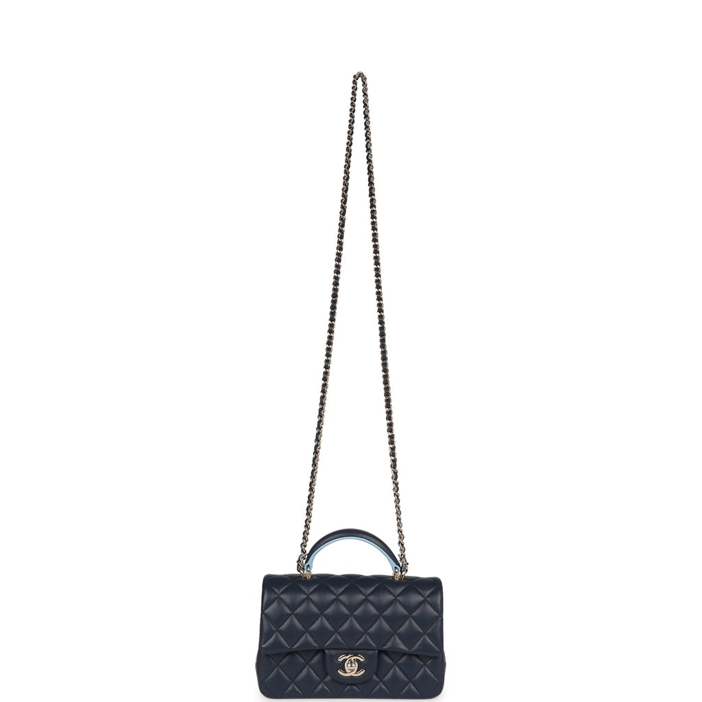Chanel Mini Rectangular Flap Bag with Top Handle Dark Blue Lambskin Light Gold Hardware