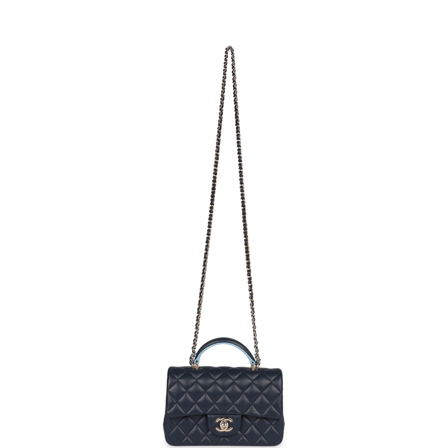 Chanel Mini Rectangular Flap Bag with Top Handle Dark Blue Lambskin Light Gold Hardware