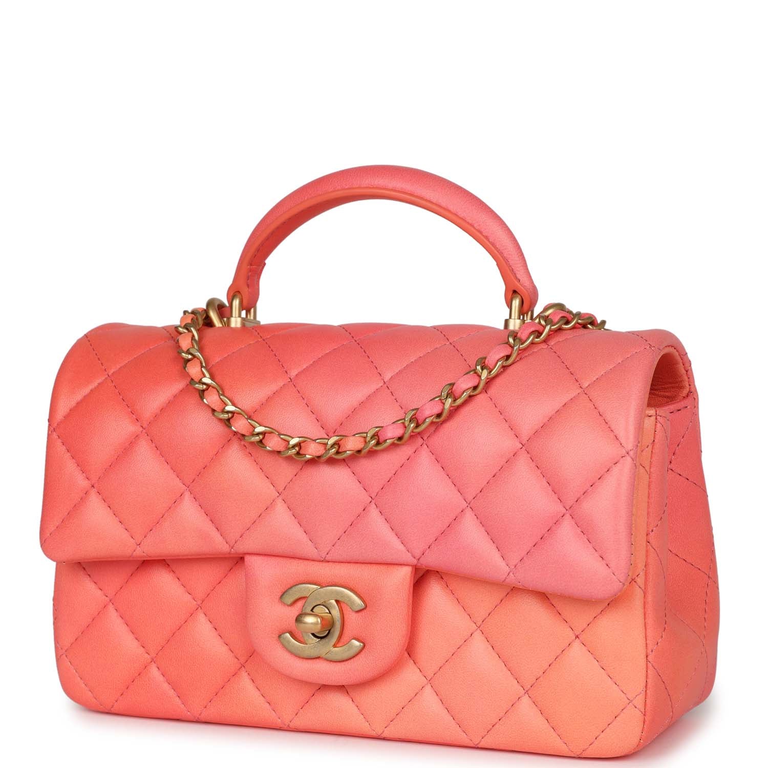 Chanel Mini Rectangular Top Handle Coral Ombre Lambskin Aged Gold Hardware