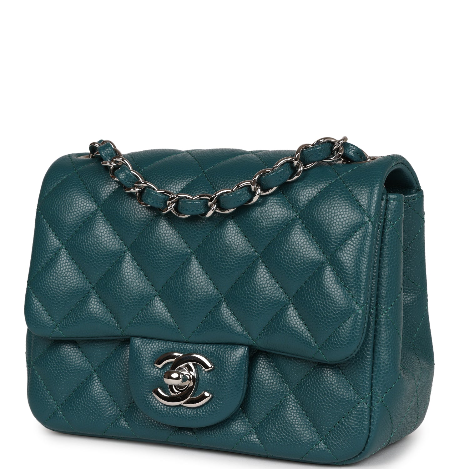 Chanel Mini Square Flap Bag Dark Green Caviar Silver Hardware