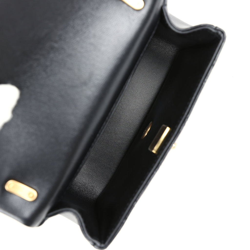 Chanel Mini Square Pearl Flap Bag Black Lambskin Brushed Gold Hardware