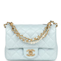 Chanel Mini Square Pearl Flap Bag Light Blue Iridescent Lambskin Brushed Gold Hardware