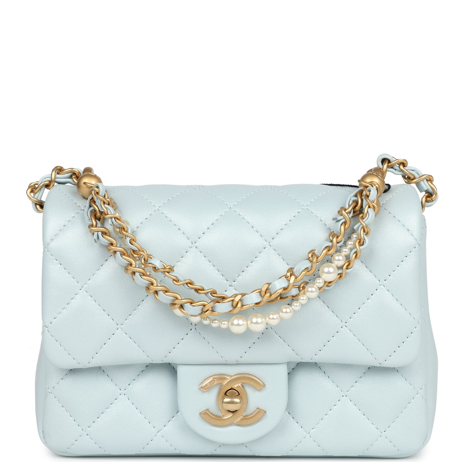 Chanel Mini Square Pearl Flap Bag Light Blue Iridescent Lambskin Brushed Gold Hardware