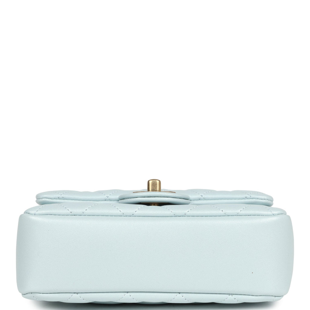 Chanel Mini Square Pearl Flap Bag Light Blue Iridescent Lambskin Brushed Gold Hardware