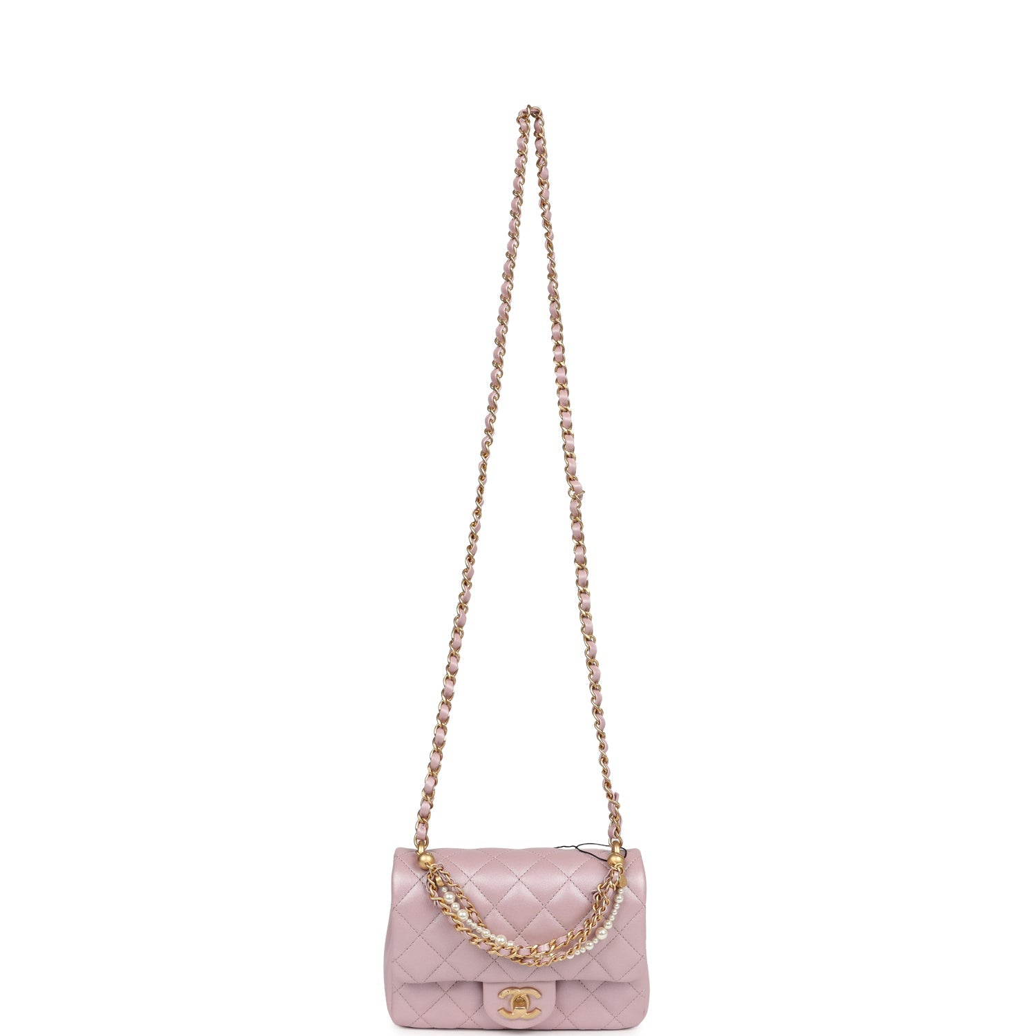 Chanel Mini Square Pearl Flap Bag Light Pink Iridescent Lambskin Brushed Gold Hardware