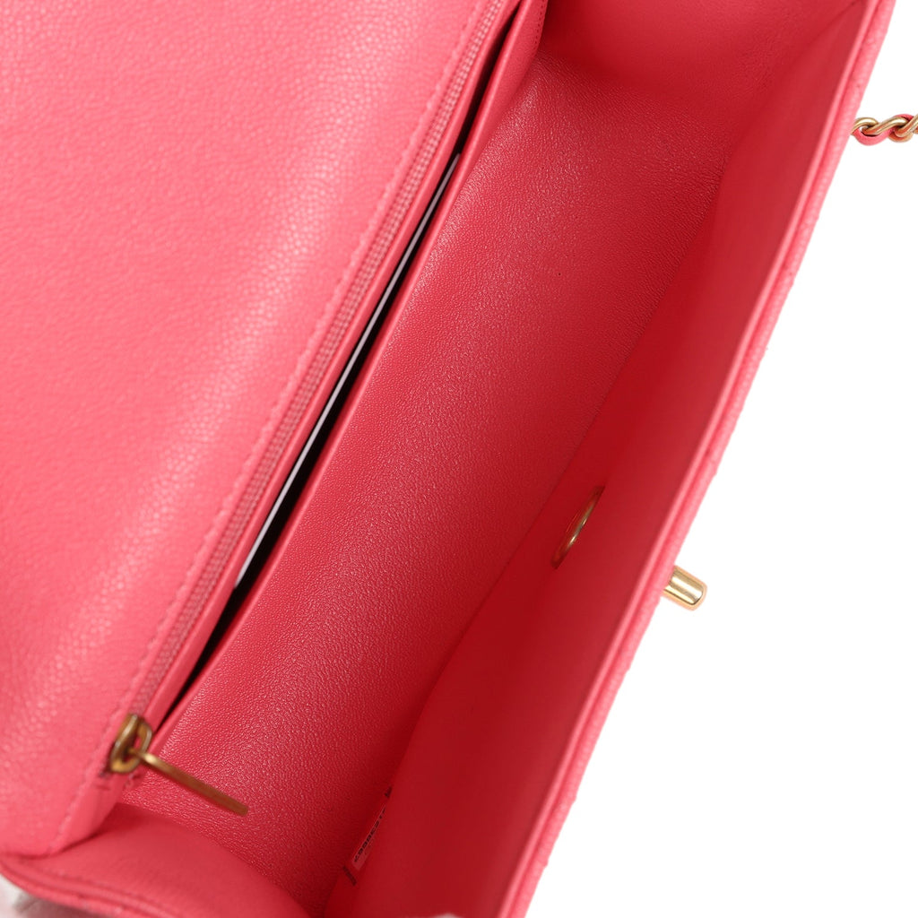 Pre-owned Chanel Mini Rectangular Flap with Top Handle Hot Pink Caviar Antique Gold Hardware