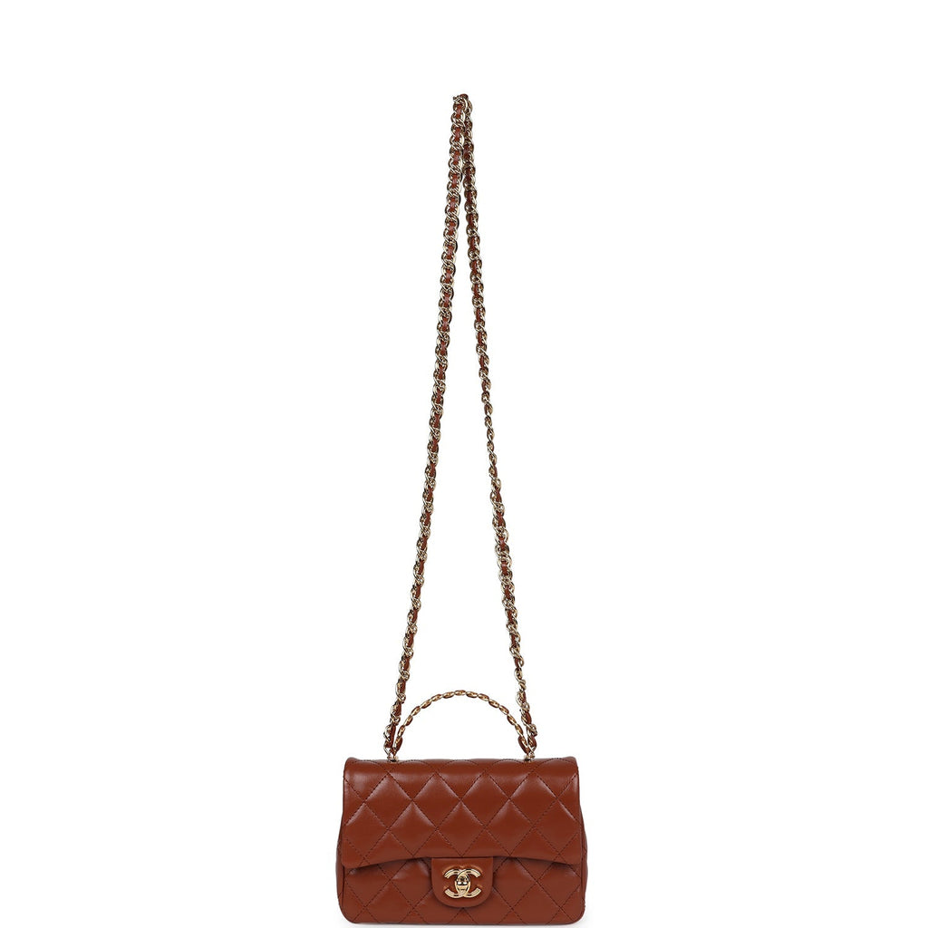 Chanel Mini Rectangular Top Handle Flap Bag Brown Shiny Calfskin Gold Hardware