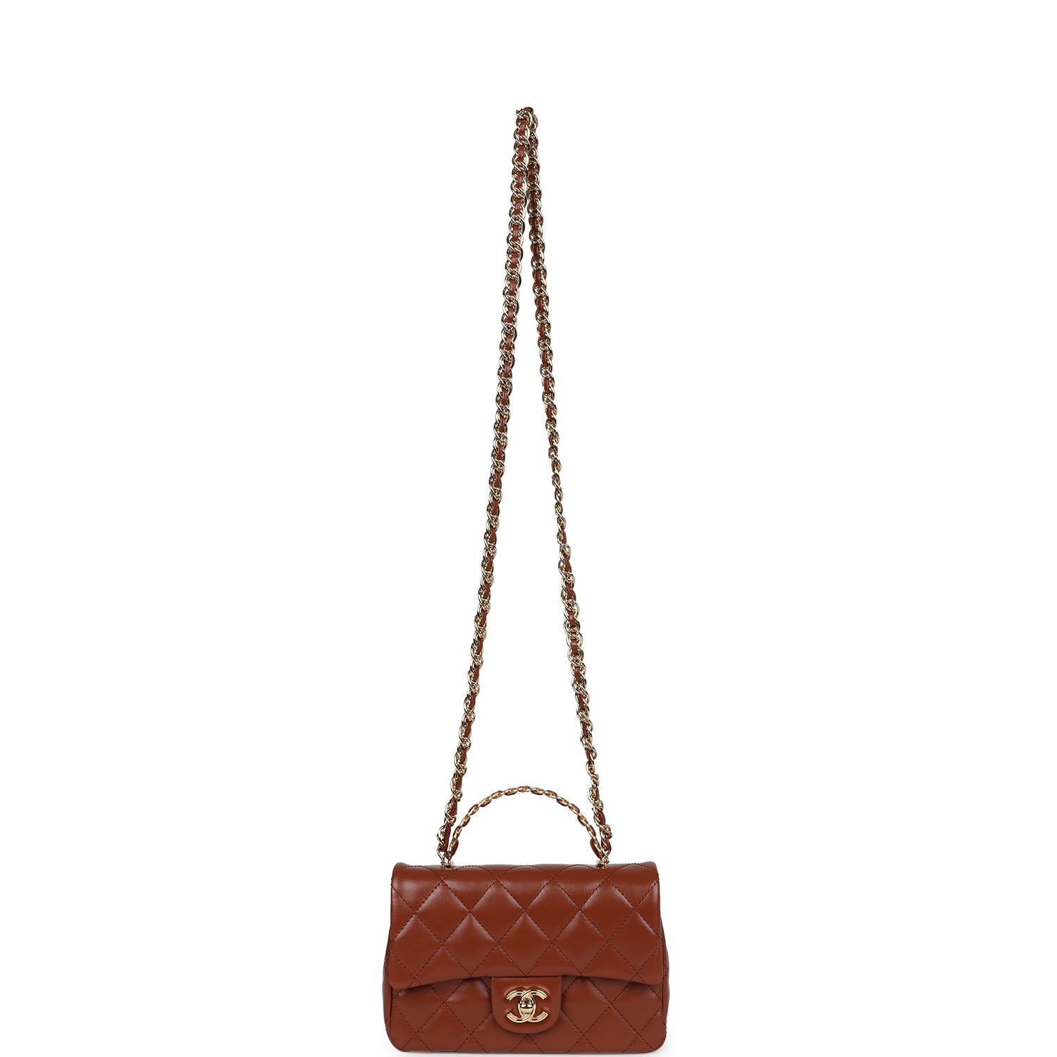 Chanel Mini Rectangular Top Handle Flap Bag Brown Shiny Calfskin Gold Hardware