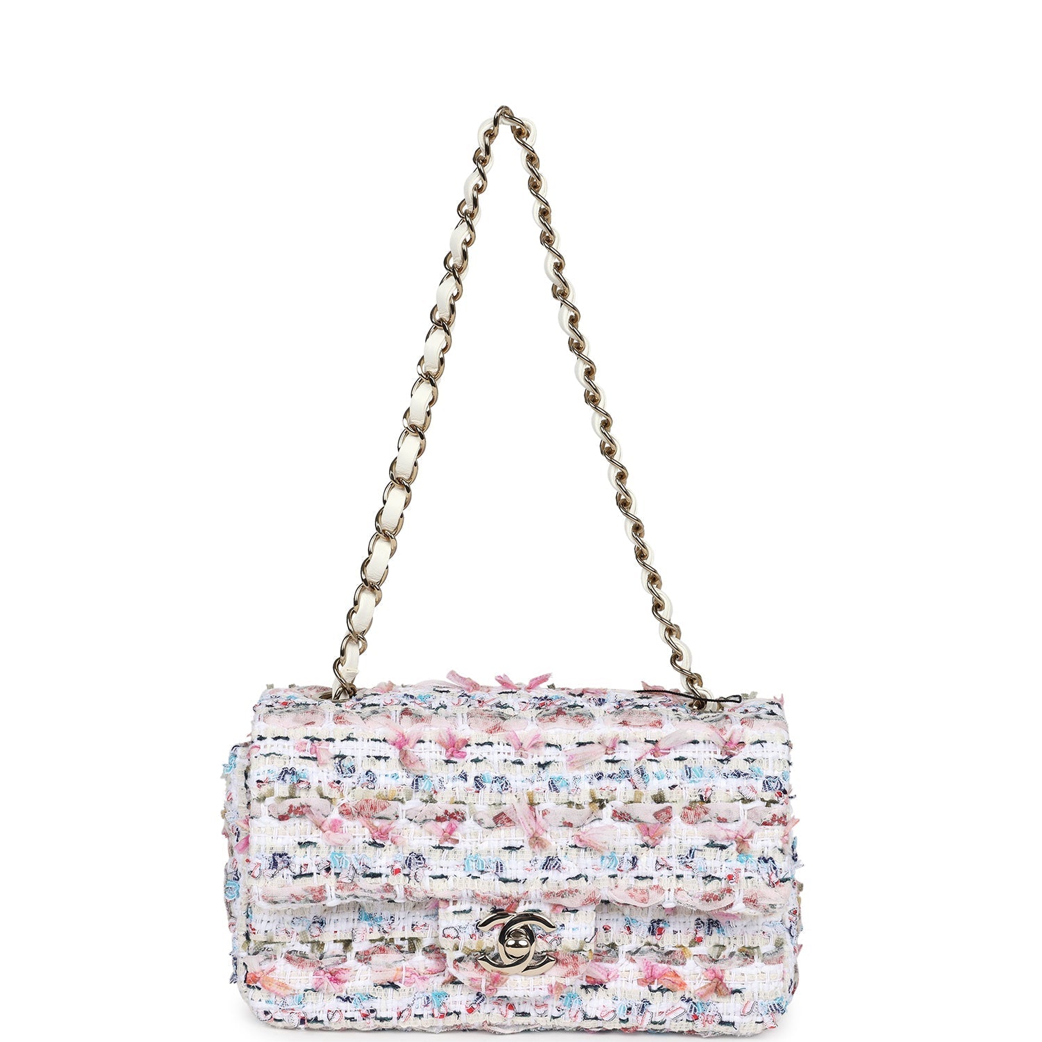 Chanel Mini Rectangular Flap Bag White Multicolored Tweed Light Gold Hardware