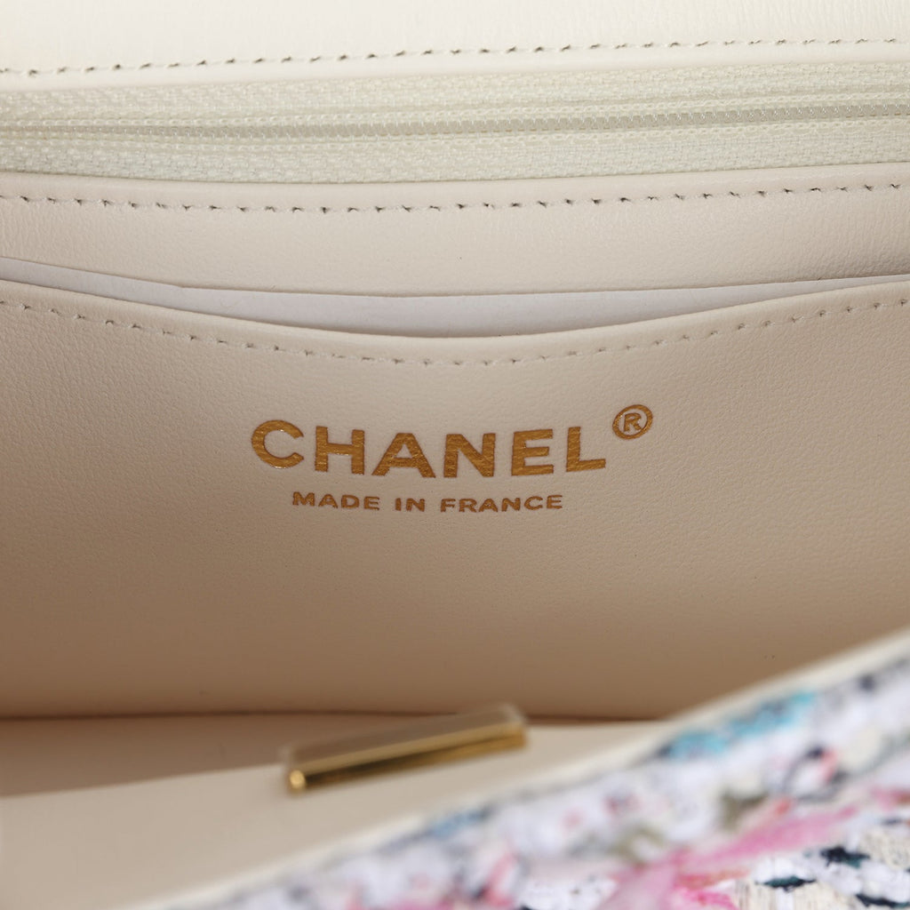 Chanel Mini Rectangular Flap Bag White Multicolored Tweed Light Gold Hardware