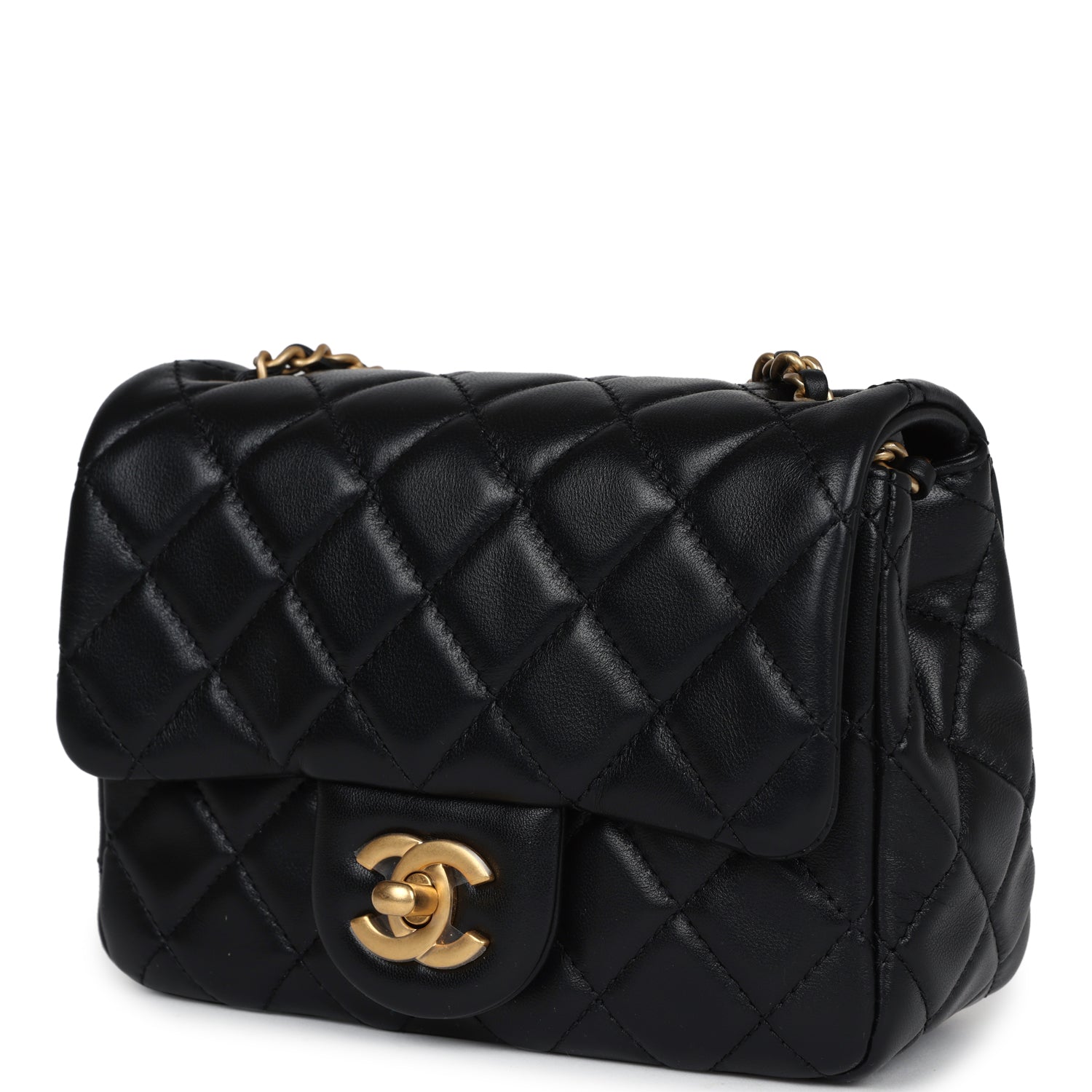 Chanel Mini Square Pearl Crush Flap Bag Black Lambskin Antique Gold Hardware