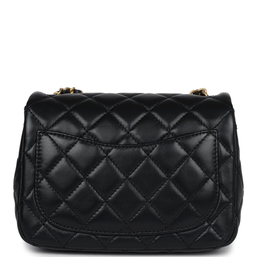 Chanel Mini Square Pearl Crush Flap Bag Black Lambskin Antique Gold Hardware