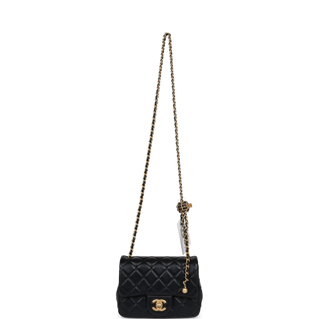 Chanel Mini Square Pearl Crush Flap Bag Black Lambskin Antique Gold Hardware