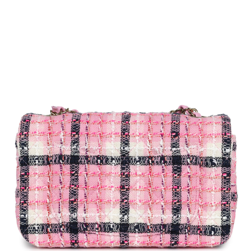 Chanel Mini Rectangular Flap Bag Pink, White and Black Tweed Light Gold Hardware
