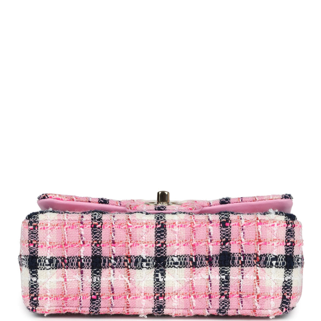 Chanel Mini Rectangular Flap Bag Pink, White and Black Tweed Light Gold Hardware