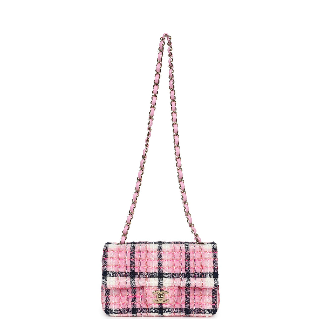 Chanel Mini Rectangular Flap Bag Pink, White and Black Tweed Light Gold Hardware