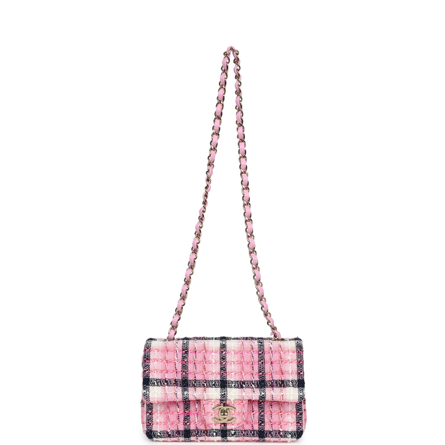 Chanel Mini Rectangular Flap Bag Pink, White and Black Tweed Light Gold Hardware