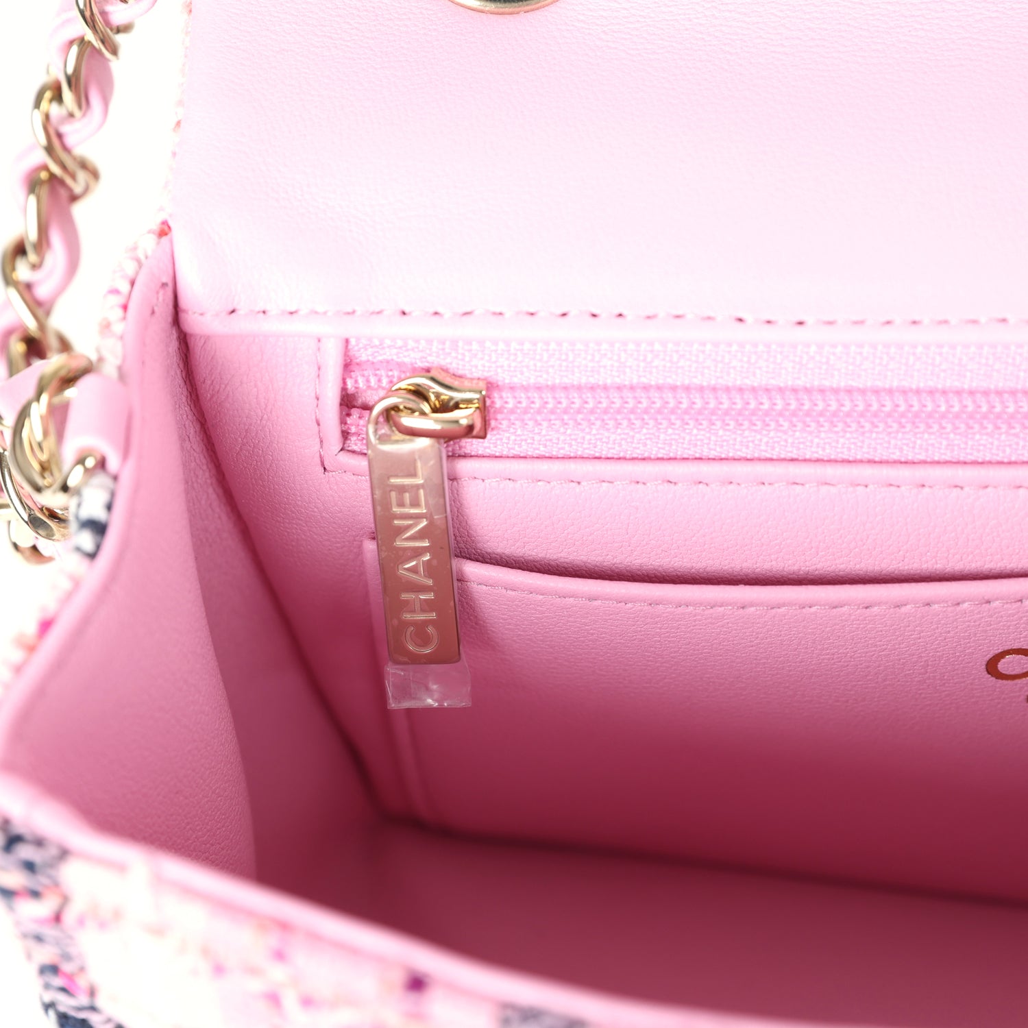 Chanel Mini Rectangular Flap Bag Pink, White and Black Tweed Light Gold Hardware