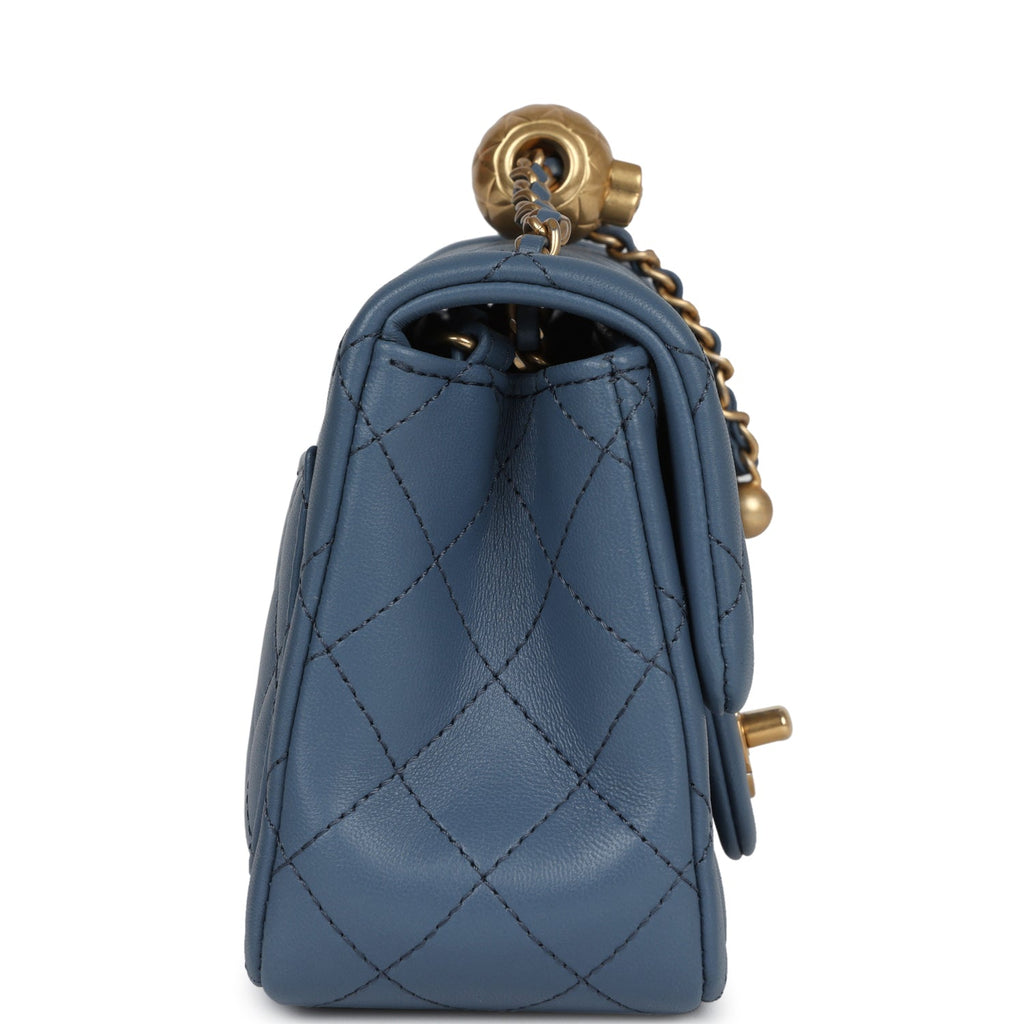 Chanel Mini Square Pearl Crush Flap Blue Lambskin Antique Gold Hardware