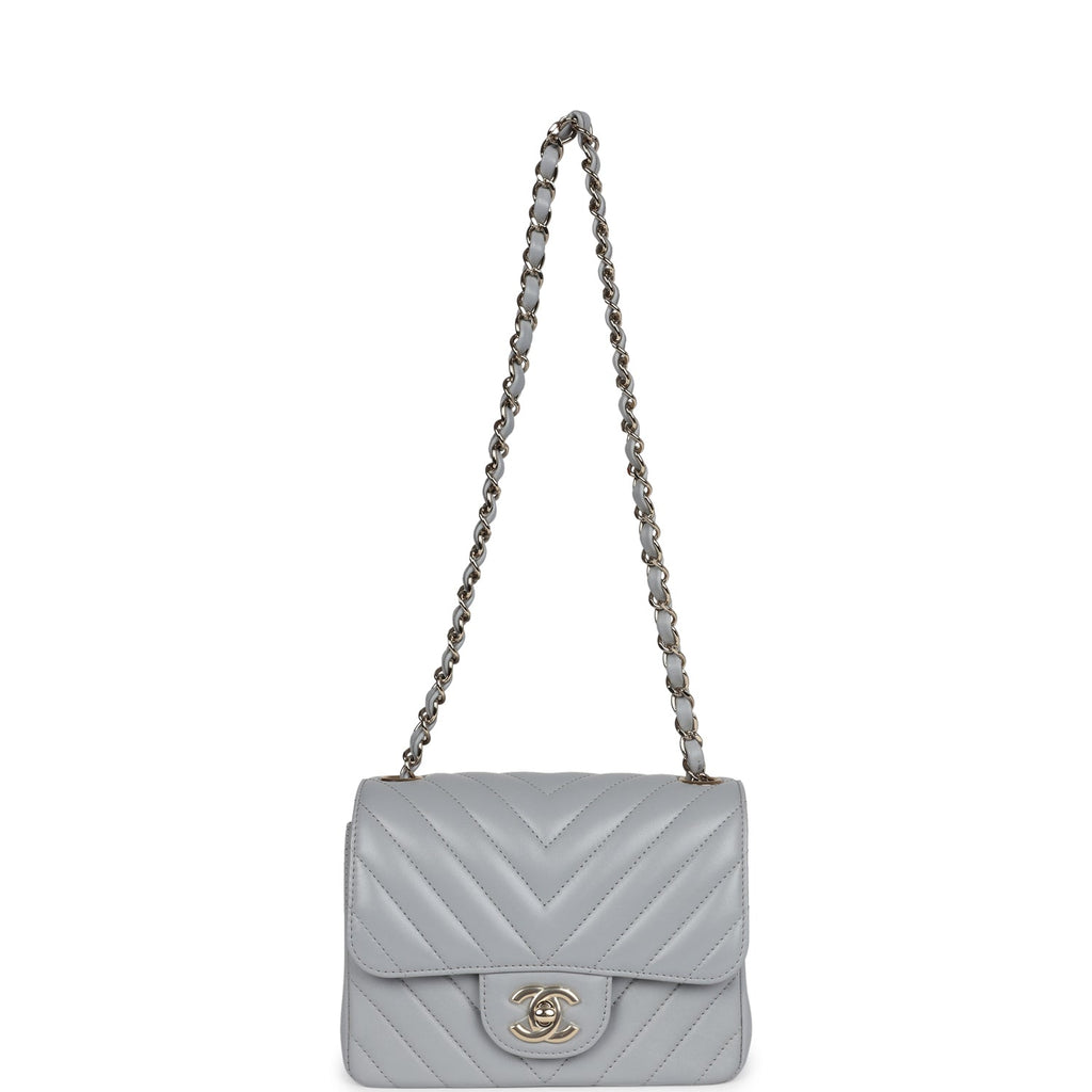 Chanel Mini Chevron Square Flap Bag Light Grey Lambskin Light Gold Hardware