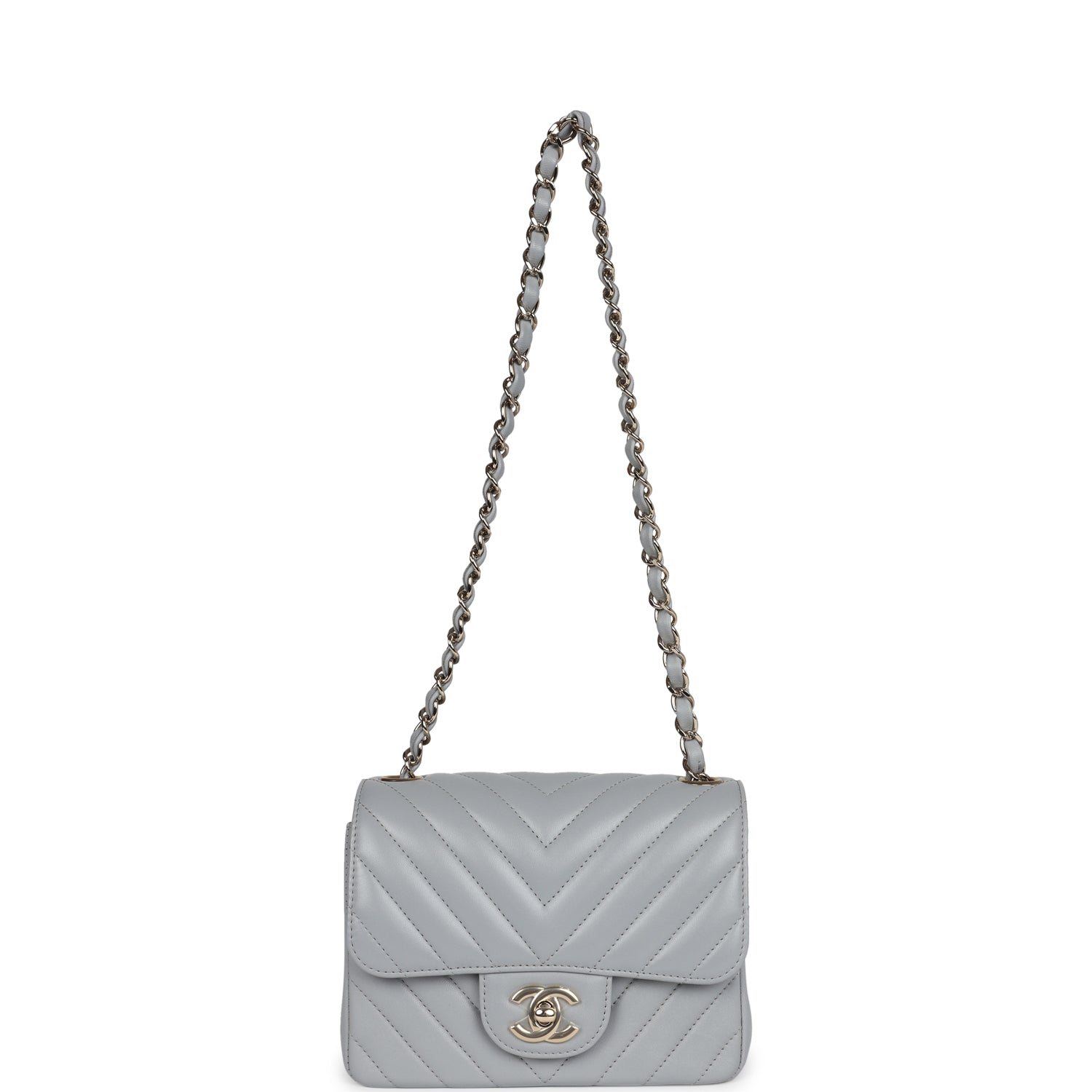 Chanel Mini Chevron Square Flap Bag Light Grey Lambskin Light Gold Hardware