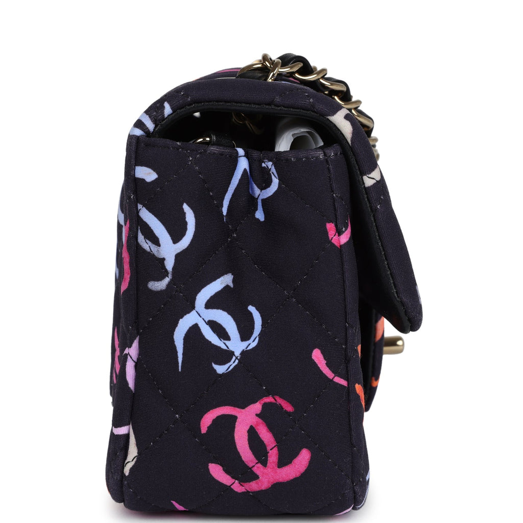 Pre-owned Chanel Mini Rectangular Flap Bag Navy Multicolored Printed Fabric Gold Hardware