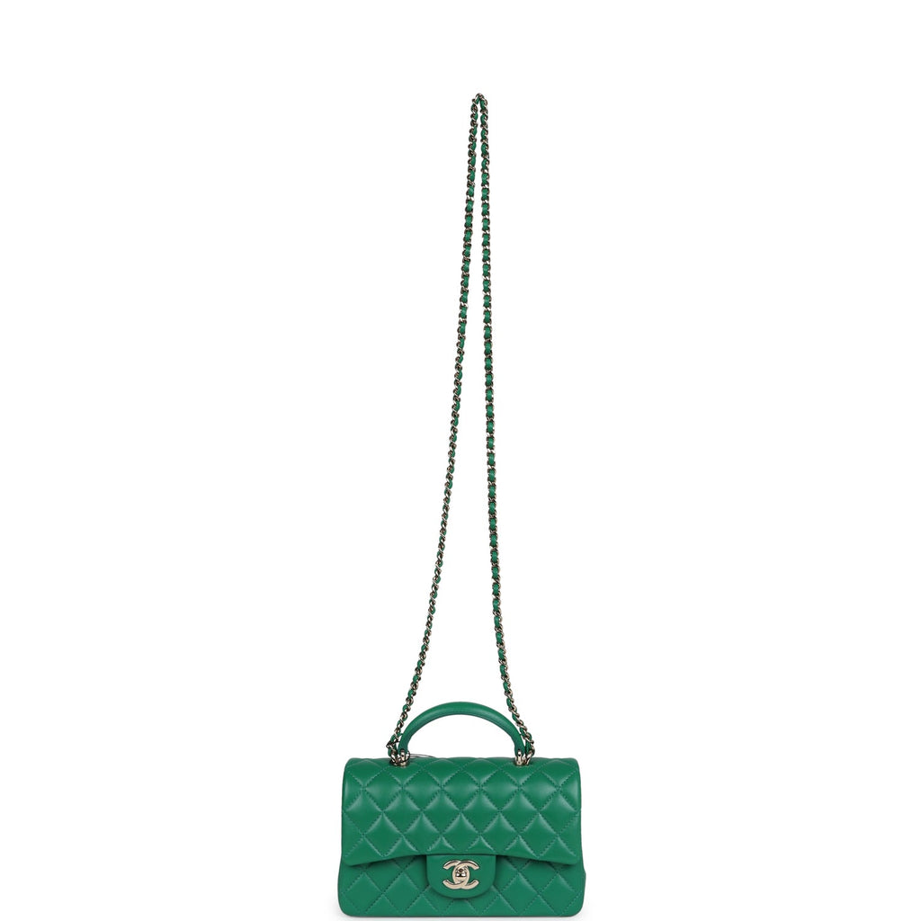 Chanel Mini Rectangular Flap with Top Handle Dark Green Lambskin Light Gold Hardware
