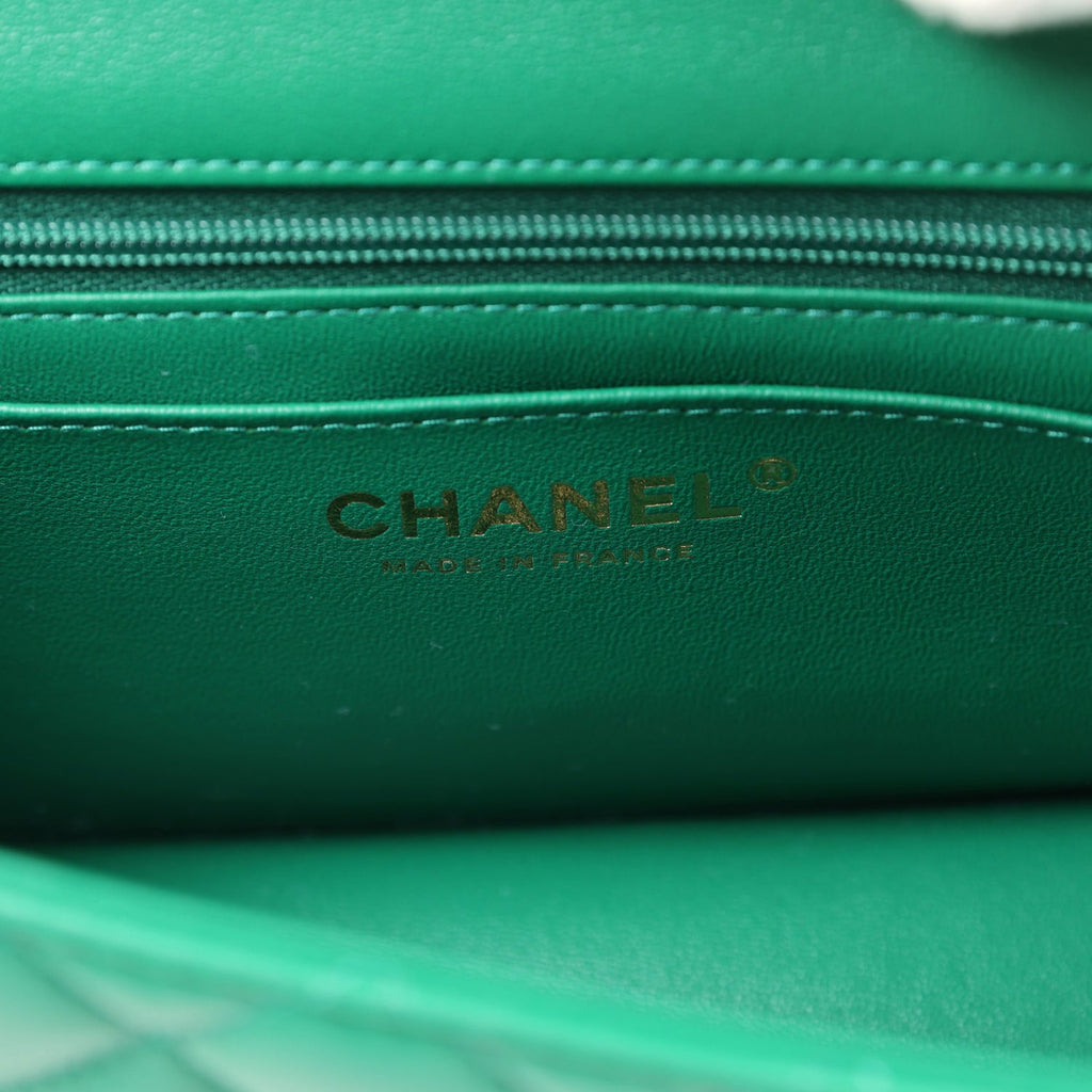 Chanel Mini Rectangular Flap with Top Handle Dark Green Lambskin Light Gold Hardware