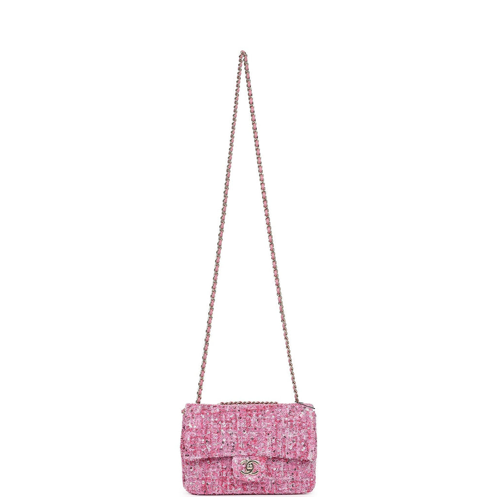 Chanel Mini Classic Rectangular Flap Bag Pink Tweed and Sequin Gold Hardware