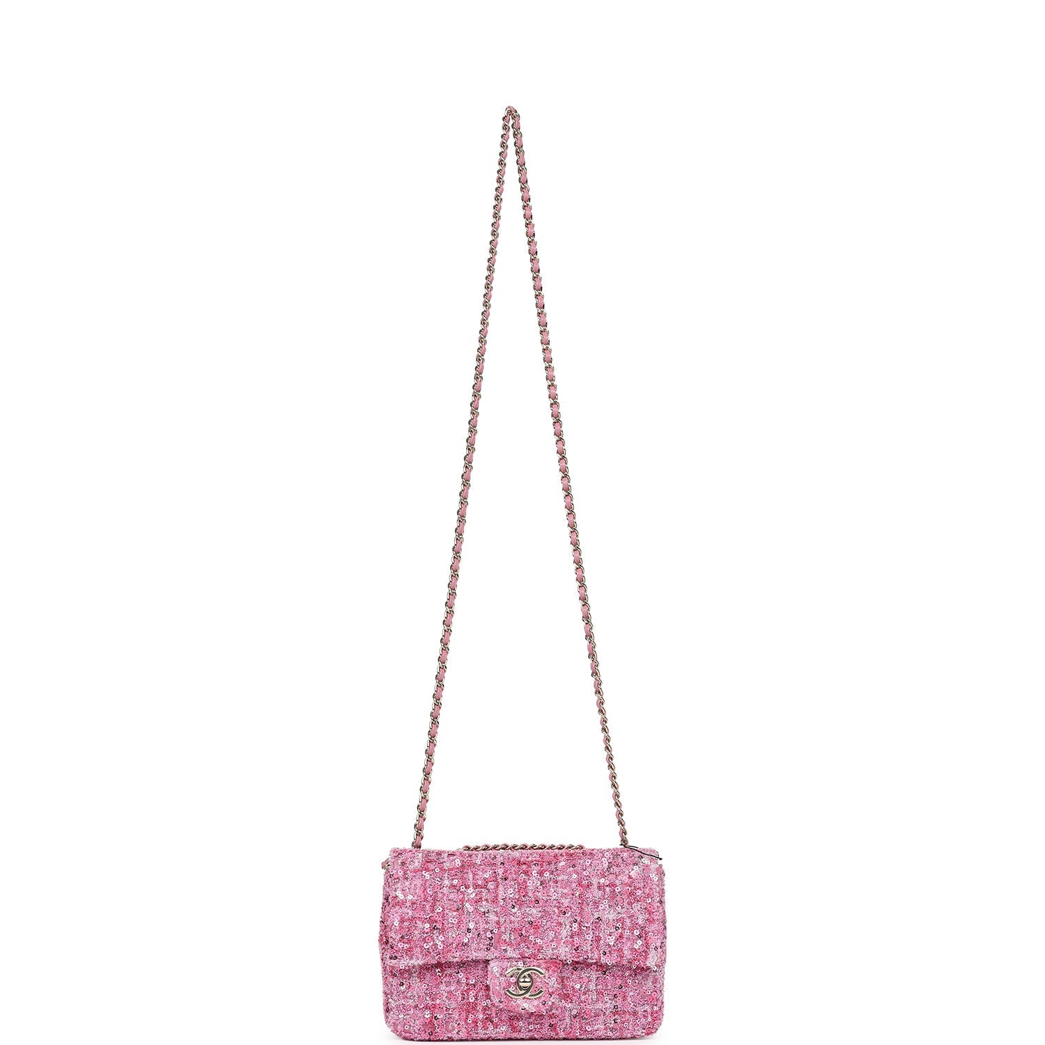 Chanel Mini Classic Rectangular Flap Bag Pink Tweed and Sequin Gold Hardware
